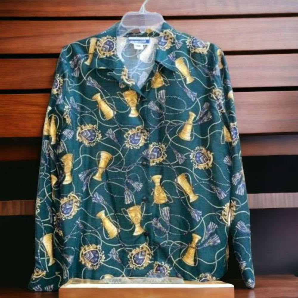 Vtg PENDLETON Women's 12P Green Equestrian Trophy Themed Blouse